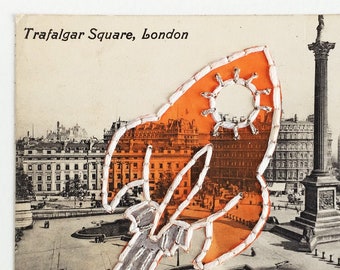 Space Art / Orange Rocket Ship / Embroidery Collage on Postcard RPPC / Alien Spaceship / London England