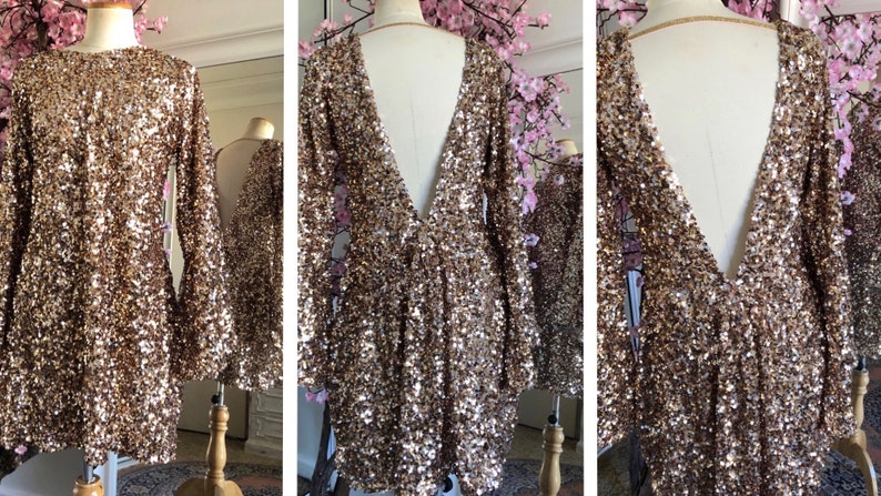 Backless sequin gold DRESS shift dress ViewMyShop pink bronze top skirt bridal lace kimono burning man festival outfit bridesmaid hens wrap image 3