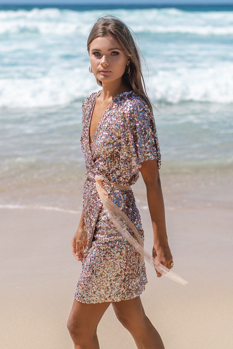 Sequins DRESS backless bow tulle straps top skirt bridal lace robe kimono gemstone bikini burning man festival outfit Gold bronze floral gem