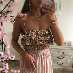Gold sequins TOP frill bandeau +ViewMyShop bridal wedding backless boho bohemian dress lace kimono kaftan silver pants asymmetrical dress
