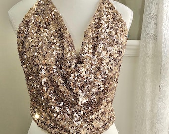 Gold cowl neck glomesh backless sequins top +ViewMyShop pink wrap gemstone burningman rose silver dress floral Kaftan skirt coachella hens