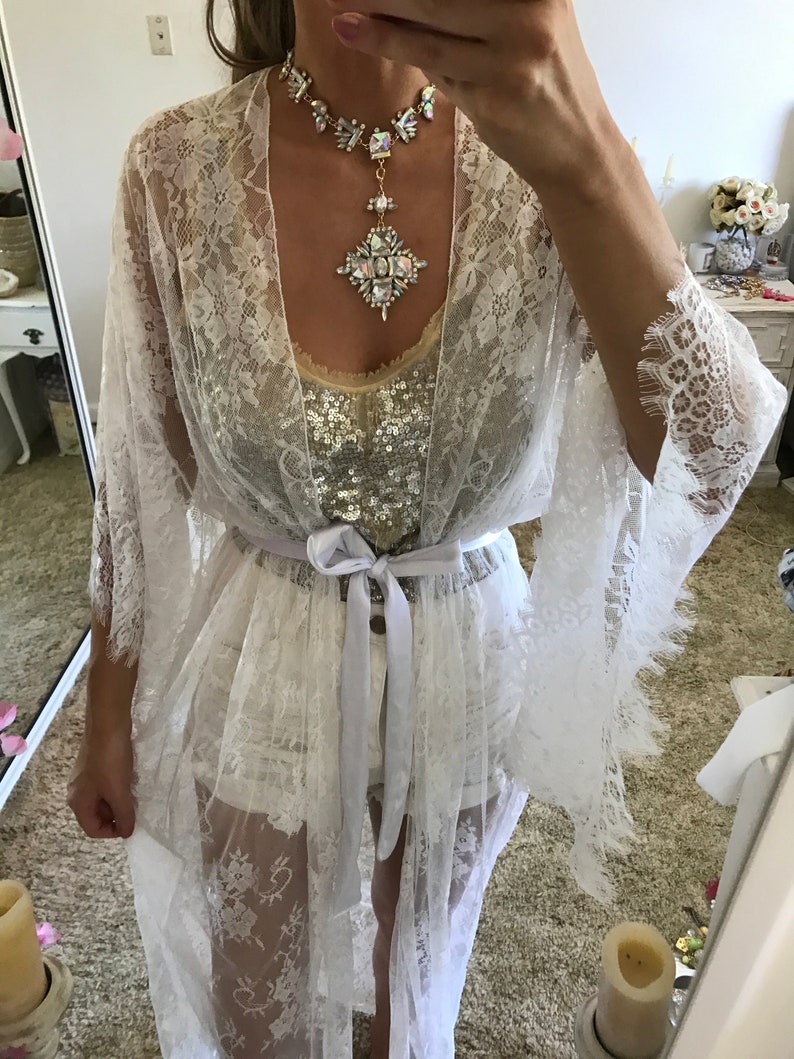 Lace KIMONO white french floral cape KAFTAN bridal robe wedding bohemian ViewMyShop sequins dress skirt burning man wrap pink bikini top image 7