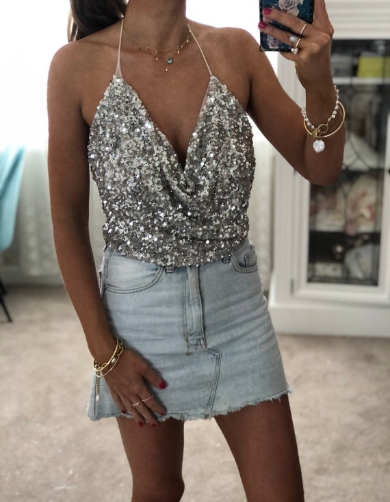 Silver Gold Sequins TOP Halter Backless viewmyshop Burning Man