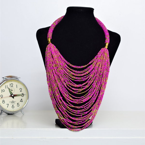 Collier de perles africaines | Chunky | Fringe | Couleur rose et or | Unique | Collier femme africaine | Collier Maasai | Taille unique | Fait à la main