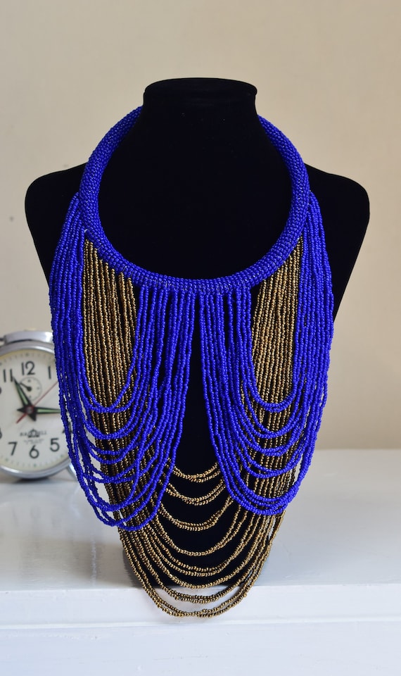 Handmade Maasai Beaded Necklace | Royal Blue & Copper Tribal Jewelry