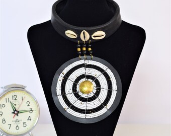 African Maasai Leather Beaded Necklace | Tribal Statement Jewelry