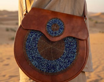 African Leather Beaded Round Handbag, Sling Bag
