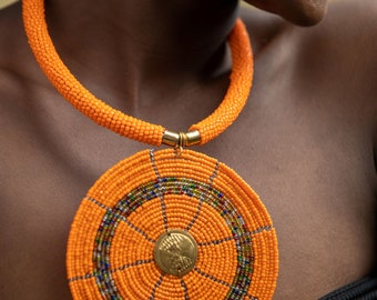 African Necklace |African Jewelry |Handmade |Beaded Necklace |Orange Necklace|Necklace for African Woman |Maasai Necklace |Fits All |On Sale