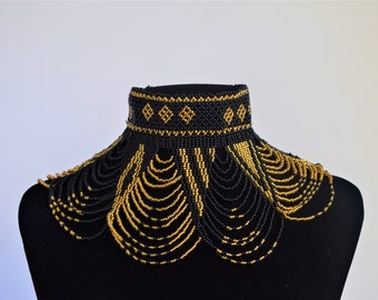 African Maasai Handmade Beaded Choker Necklace |Chunky|Ethnic|Tribal |Gold&Black Necklace |Unique |African Woman Necklace |One Size Fits All