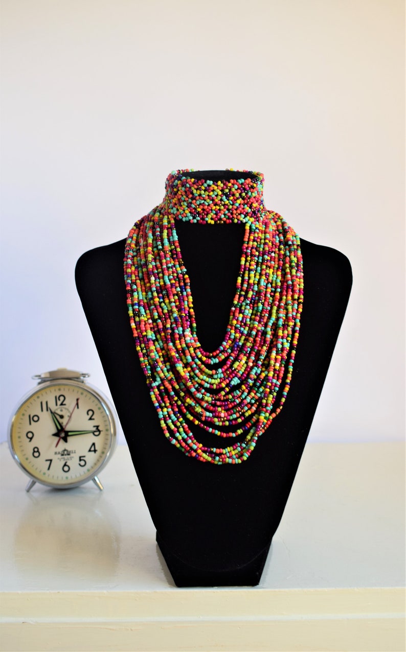 African Maasai Handmade Beaded necklace Ethnic Chunky Multi Color Unique African Woman Necklace Maasai Necklace One Size Fits All image 6