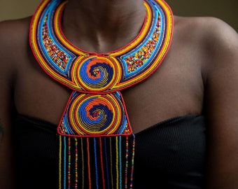Maasai Beaded Leather Necklace | African Statement Jewelry