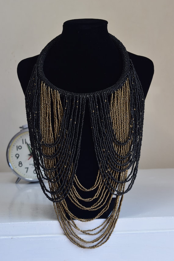 Handmade Maasai Beaded Necklace | Black & Copper, Chunky Statement Jewelry