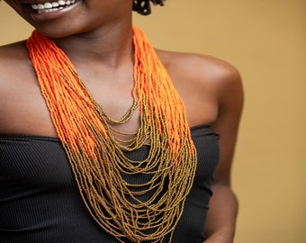 African Maasai Handmade Beaded necklace |Chunky |Orange & Copper Necklace|Unique |African Woman Necklace |Maasai Necklace |One Size Fits All