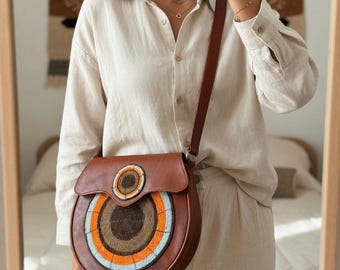 African Leather Round Handbag, Beaded Crossover Sling Bag