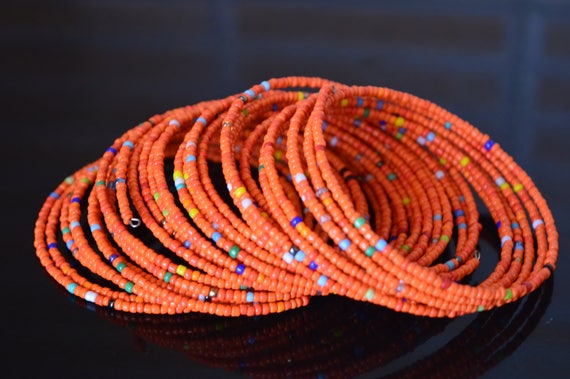 Maasai Beaded Bracelet Set | Orange Tribal Coil Anklets