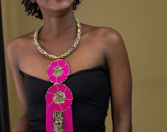 Handmade Maasai Beaded Statement Necklace | Pink Ethnic Jewelry