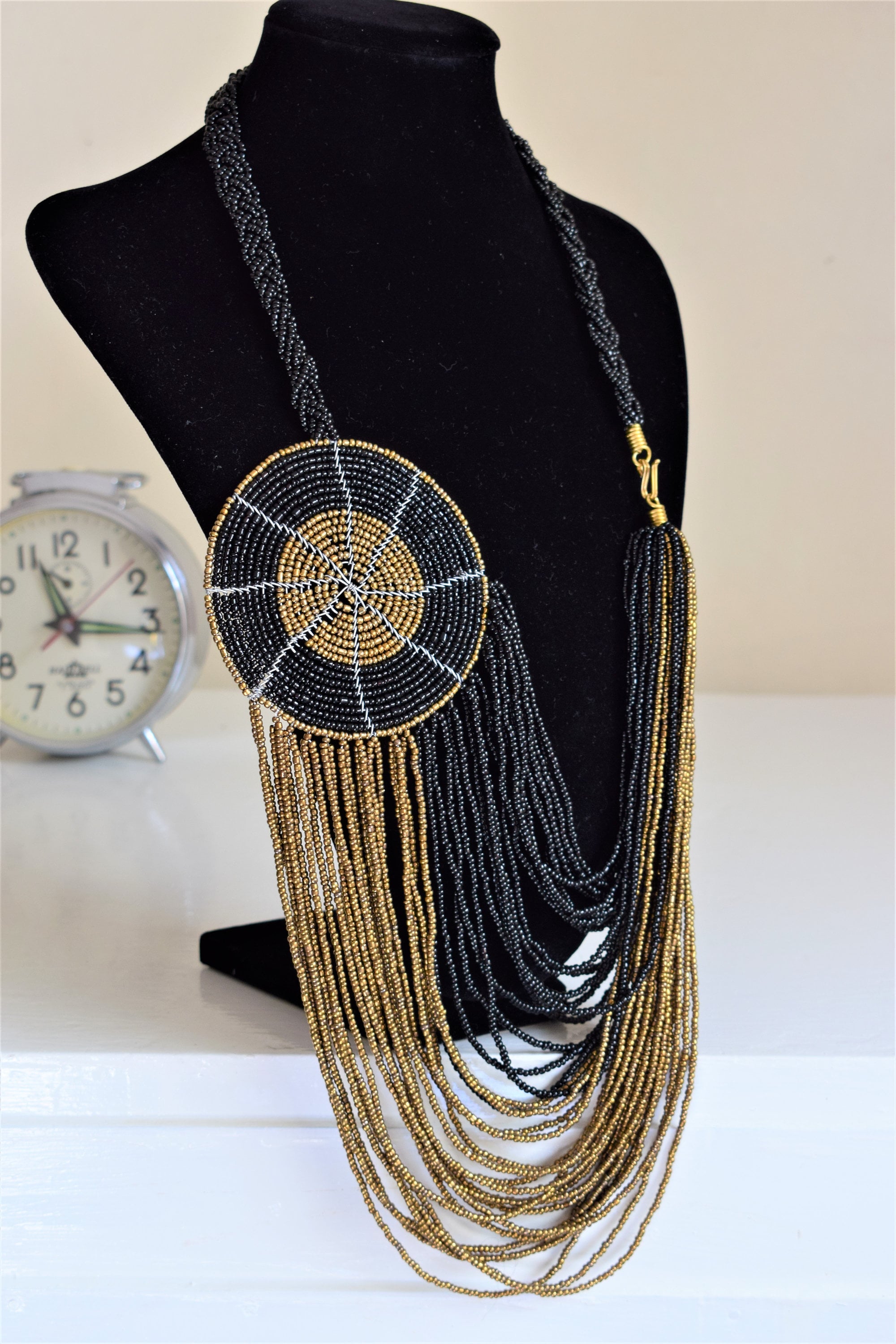 African Eye Pendant Statement Necklace - Handcrafted Beaded Tribal Jewelry