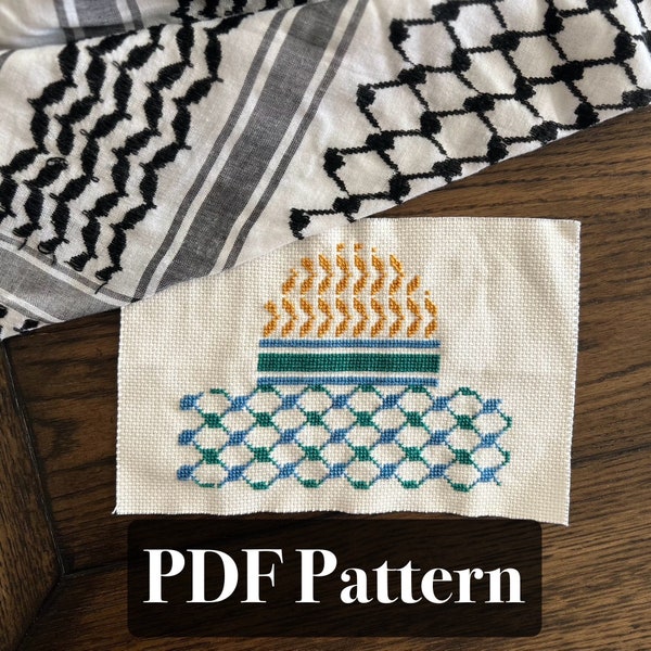 Dome of the Rock and Keffiyeh Palestinian Tatreez Embroidery PDF Pattern, Al Aqsa Kufiya kuffiyah kufiyah unique digital cross stitch