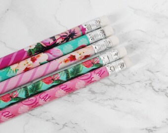 Flamingo Pencils Set - Flamingos Pencil Set - Flamingo Pencils - Flamingo Stationery - Tropical Pencils Set - Aloha Pencils Set
