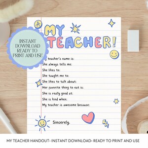 Carta de agradecimiento para maestros imprimible / Regalo para completar / Actividad divertida para el aula / Descarga instantánea
