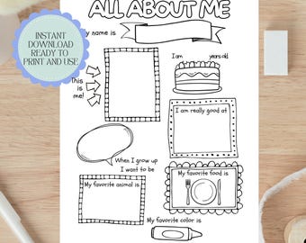 All About Me Worksheet: Kid Coloring Page, Get To Know Me (Digital Download)