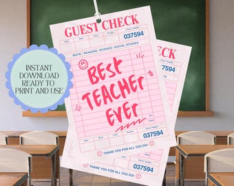 BEST Teacher Ever, Thank You PRINTABLE, Gift Tag, Party Favor Tag, Gift for her, Teacher appreciation, Staff, Teacher, Gifts, Guest Check