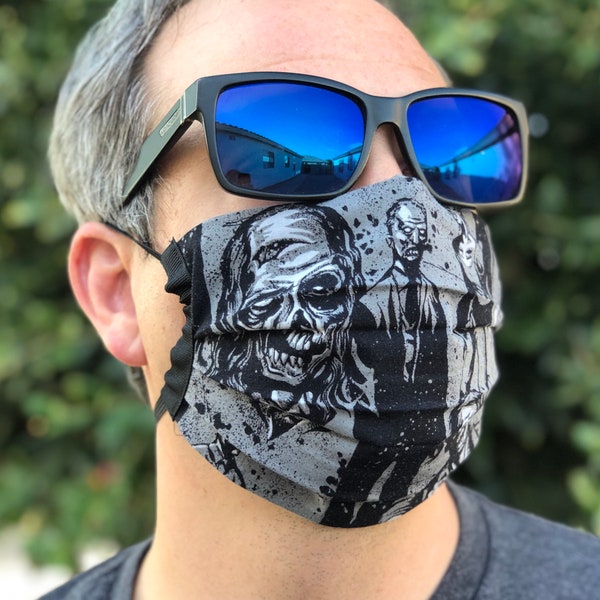 Quality kids adult washable pleated 3 layer all cotton face mask, nose wire & filter pocket elastic or tie Walking Dead FAST SHIPPING