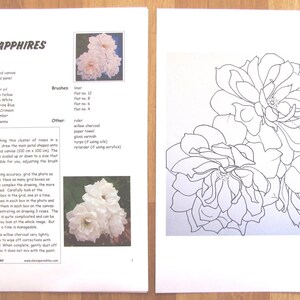 May include: A black and white line drawing of three roses on a white background. The drawing is a step-by-step guide for painting roses. The text on the page reads "Sapphires" and includes a list of materials and instructions for painting the roses.