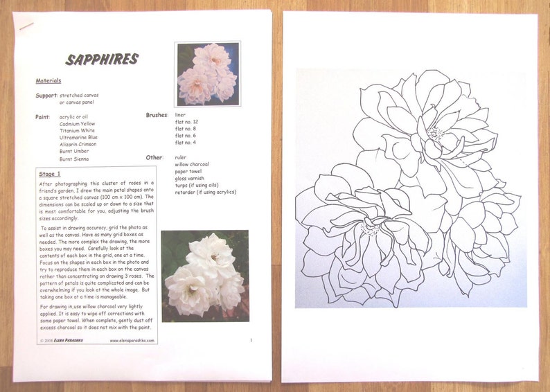May include: A black and white line drawing of three roses on a white background. The drawing is a step-by-step guide for painting roses. The text on the page reads "Sapphires" and includes a list of materials and instructions for painting the roses.