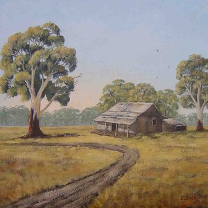 May include: A painting depicting a rustic wooden cabin with a corrugated metal roof, surrounded by trees and a dirt track. The sky is a pale blue with a few birds flying overhead. The scene is painted in a realistic style with muted colours.