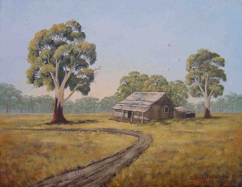May include: A painting depicting a rustic wooden cabin with a corrugated metal roof, surrounded by trees and a dirt track. The sky is a pale blue with a few birds flying overhead. The scene is painted in a realistic style with muted colours.