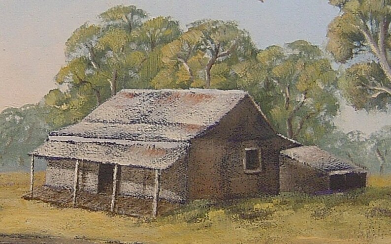 May include: A rustic, weathered wooden cabin with a corrugated metal roof, surrounded by trees. The cabin has a porch with wooden posts and a single window.