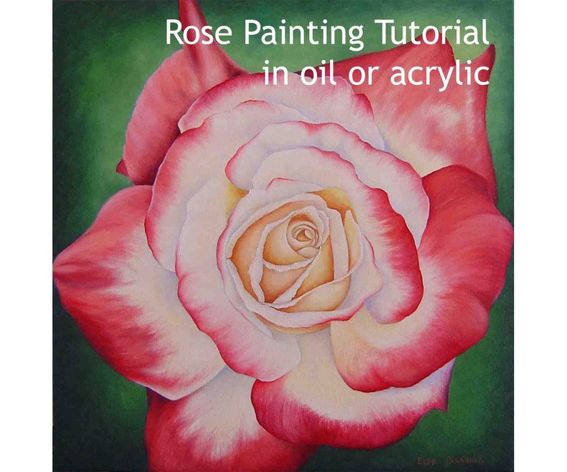 May include: A close-up of a single, white and red rose painted in oil or acrylic. The rose is in focus, with the background blurred. The title "Rose Painting Tutorial in oil or acrylic" is visible at the top of the image.
