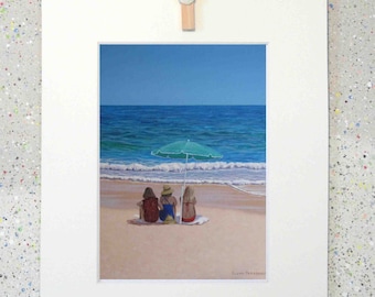 Girls under a beach umbrella, seascape, original oil painting fine art print on paper by Elena Parashko, summer friends, beach sisters, sea