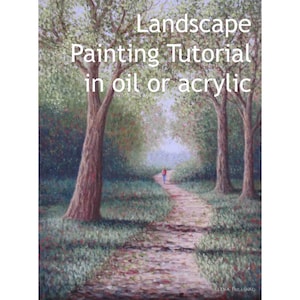 Può includere: Un tutorial di pittura per l'arte del paesaggio utilizzando colori ad olio o acrilici. Il dipinto rappresenta un sentiero attraverso un bosco con alberi su entrambi i lati e una persona che cammina in lontananza.