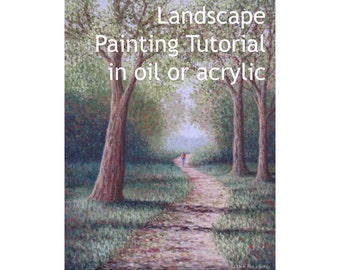 Landscape painting tutorial in oil or acrylic, how to a paint a forest scene, painting instructions, girl walking down a path, green forest