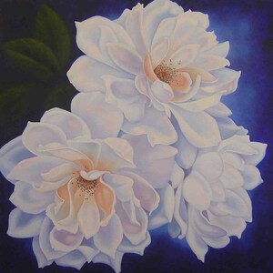 May include: Three white roses with delicate pink centers are arranged against a dark blue background. The roses are in full bloom and have a soft, velvety texture.
