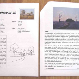 May include: A two-page instruction sheet for painting a landscape scene titled "Memories of Us". The first page shows a black and white drawing of a farmhouse with trees and a winding road. The second page shows a colour painting of the same scene with a blue sky and a brown road.