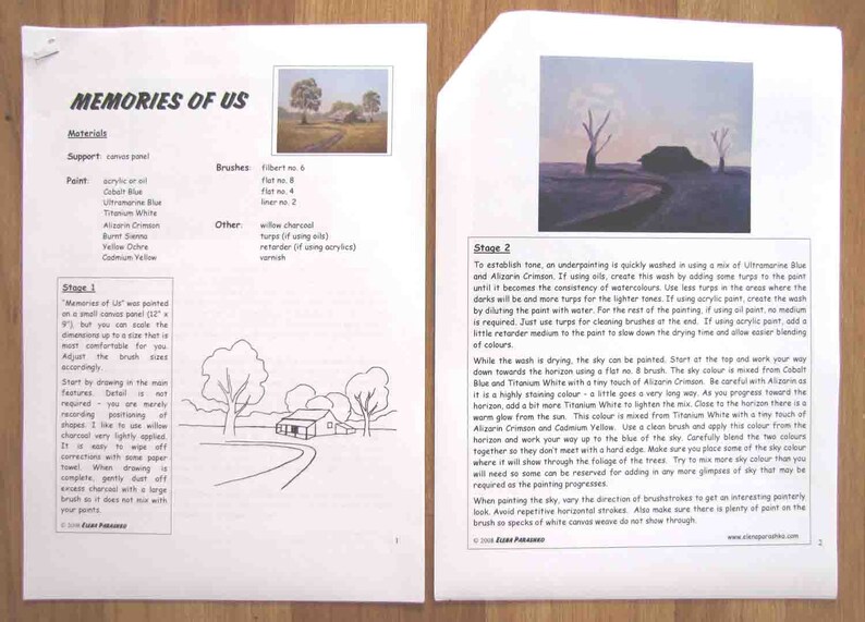 May include: A two-page instruction sheet for painting a landscape scene titled "Memories of Us". The first page shows a black and white drawing of a farmhouse with trees and a winding road. The second page shows a colour painting of the same scene with a blue sky and a brown road.