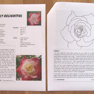 May include: A step-by-step guide for painting a rose using acrylics or oils. The guide includes a list of materials, a gridded image of a rose, and instructions for transferring the image to canvas.