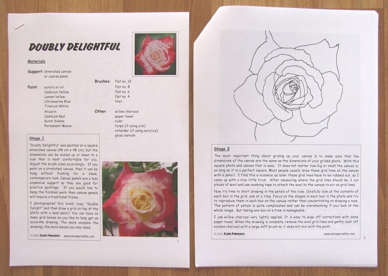 May include: A step-by-step guide for painting a rose using acrylics or oils. The guide includes a list of materials, a gridded image of a rose, and instructions for transferring the image to canvas.