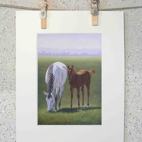 Horses, equine art, original oil painting fine art print by Elena Parashko, mare and foal, horses, equestrian