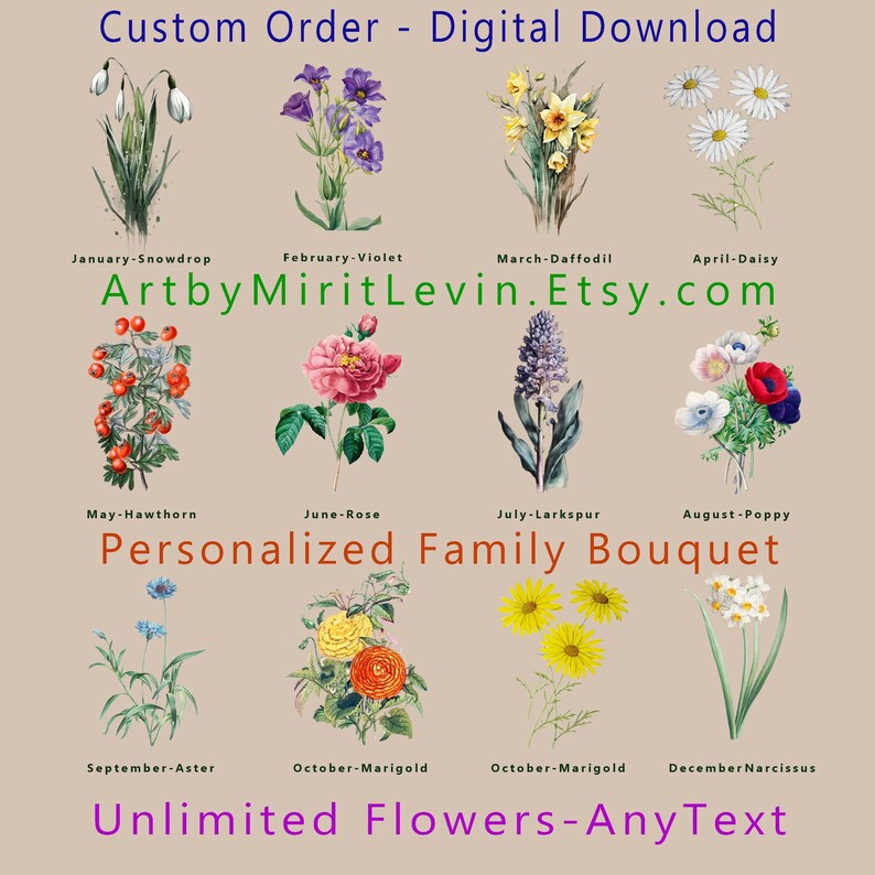 Personalized Birth Month Flower Gift Family Bouquet Wallart,birth Month