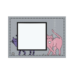 May include: A gray frame with a white background and two cats peeking out from the sides. The cat on the left is purple and the cat on the right is pink. The pink cat has a white heart on its chest.