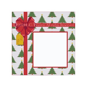 Puede incluir: Un fondo blanco con una cinta roja y un lazo, una etiqueta de regalo amarilla que dice "Para Ti", y un borde de árboles de Navidad verdes. El centro de la imagen está en blanco.
