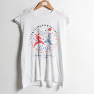 Camiseta Vintage GLASTONBURY 1990 con cortes blancos - Talla M (ET1)