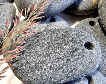 Drilled pebbles from the Latvian Baltic Sea coast, black pebbles with holes, pebbles craft supplies