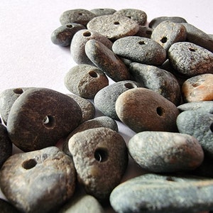 Drilled pebbles, stones with hole, pebbles craft supplies, beach stones from Baltic Sea in Latvia, dark grey stone beads