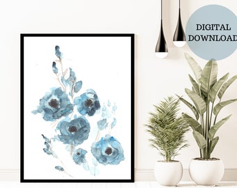 Blue roses art, printable poster, flower prints, original painting poster, printable wall art, digital print, living room deco