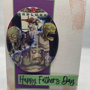 Puede incluir: Una tarjeta verde y morada con una imagen circular de cuatro zombis verdes con el texto "Explorar" en el círculo. La tarjeta tiene el texto "Feliz Día del Padre" en una pancarta verde.